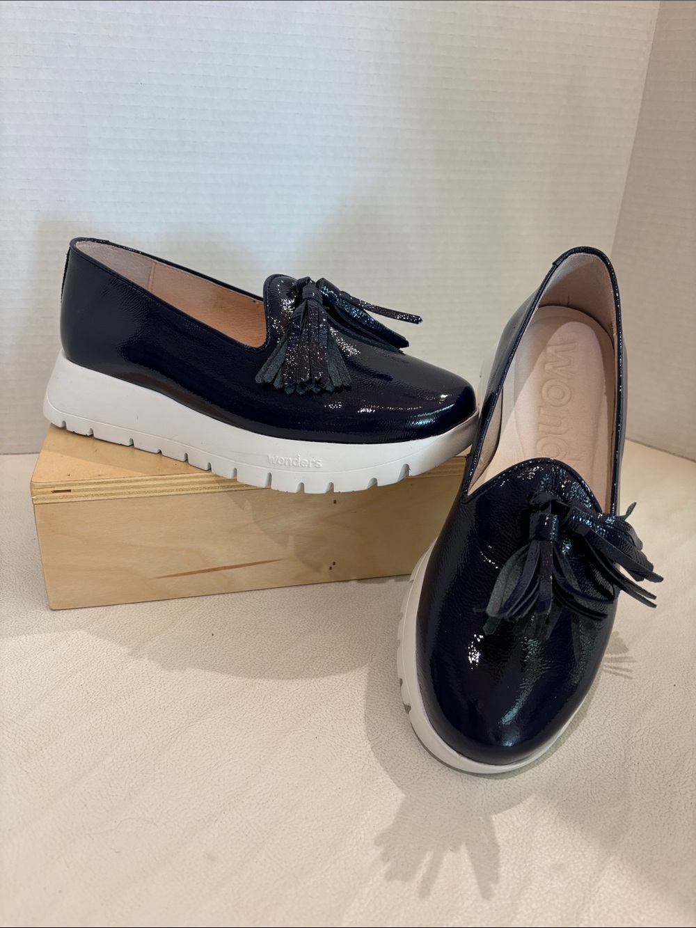 Wonders Navy Patent Tassel Loafers with White Platform Sole